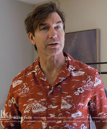 Jerry’s orange tropical print shirt on The Talk
