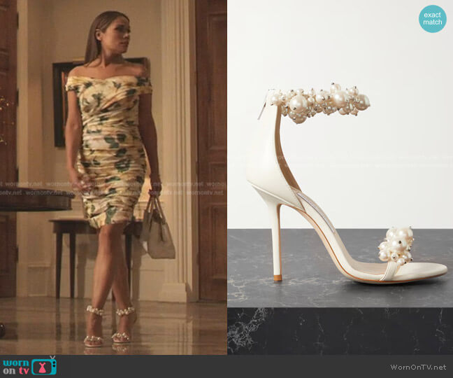 Jimmy Choo Maisel Faux Pearl-Embellished Leather Sandals worn by Rita (Daniella Alonso) on Dynasty
