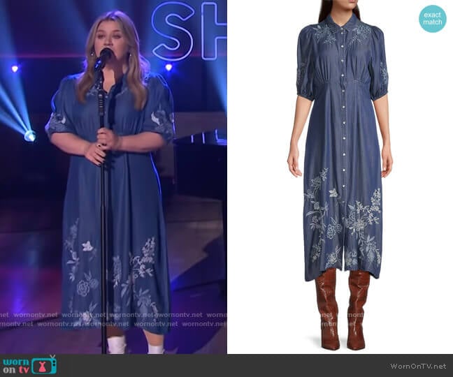 Johnny Was Jacqueline Puff Sleeve Midi Dress worn by Kelly Clarkson on The Kelly Clarkson Show