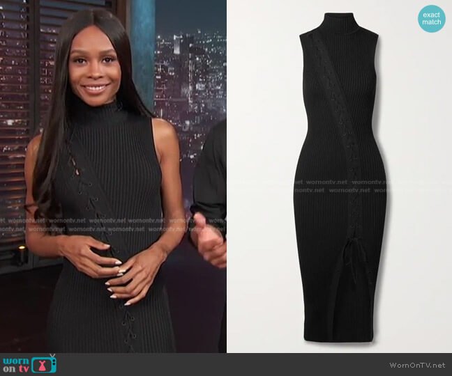 Jonathan Simkhai Ava Lace-Up Ribbed-Knit Turtleneck Midi Dress worn by Zuri Hall on Access Hollywood