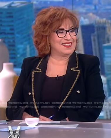 Joy’s black blazer with gold contrast trim on The View
