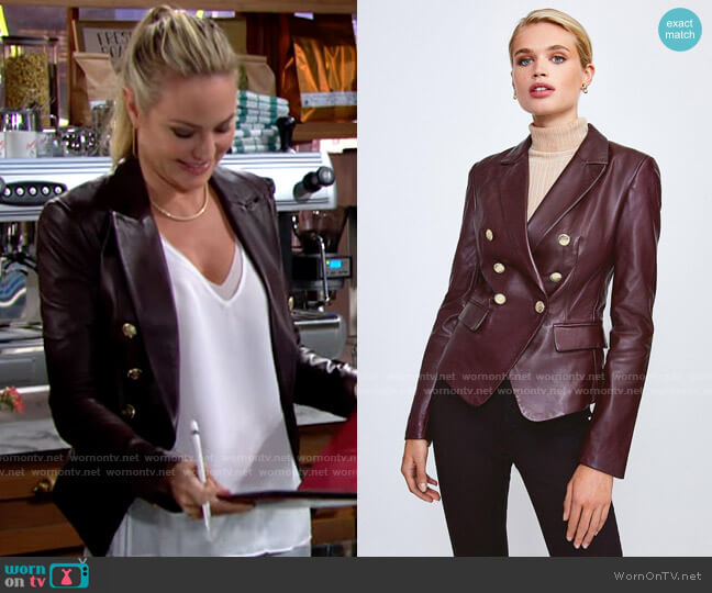 Karen Millen Leather Gold Button Blazer in Fig worn by Sharon Newman (Sharon Case) on The Young and the Restless