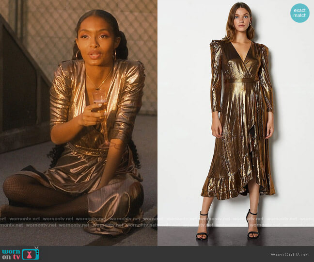 Karen Millen Metallic Puff Sleeve Wrap Midi Dress worn by Zoey Johnson (Yara Shahidi) on Grown-ish