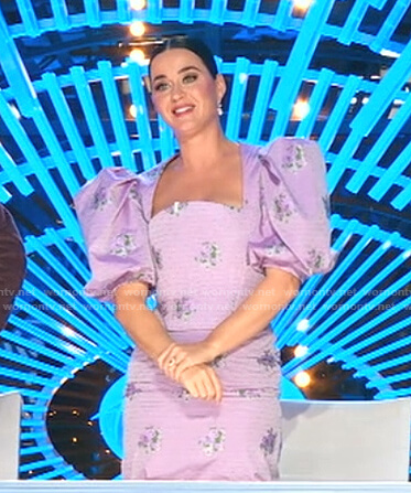 Katy’s lilac floral puff sleeve top and skirt on American Idol
