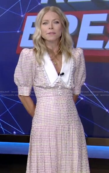 Kelly’s pink houndstooth midi dress on Live with Kelly and Ryan