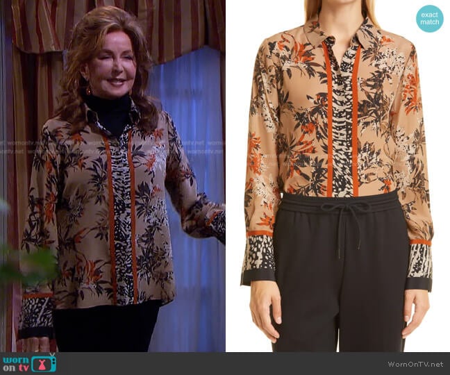 Kobi Halperin Gracie Border Print Silk Blouse worn by Maggie Horton (Suzanne Rogers) on Days of our Lives