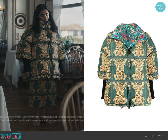 LA Double J St. Moritz tiger print puffer jacket worn by Villanelle (Jodie Comer) on Killing Eve