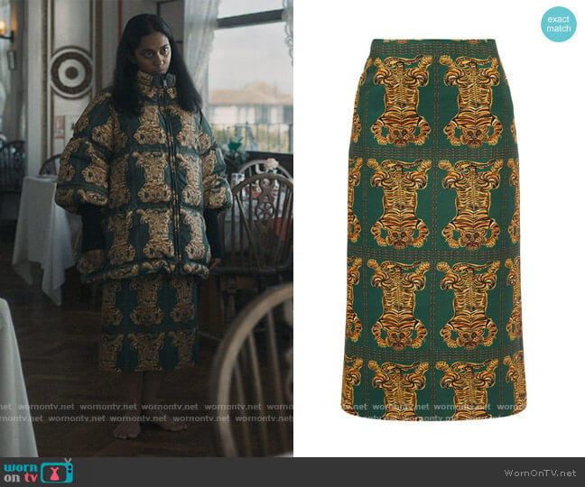 LA Double J Tiger Tiles-print wool-blend pencil skirt worn by Villanelle (Jodie Comer) on Killing Eve