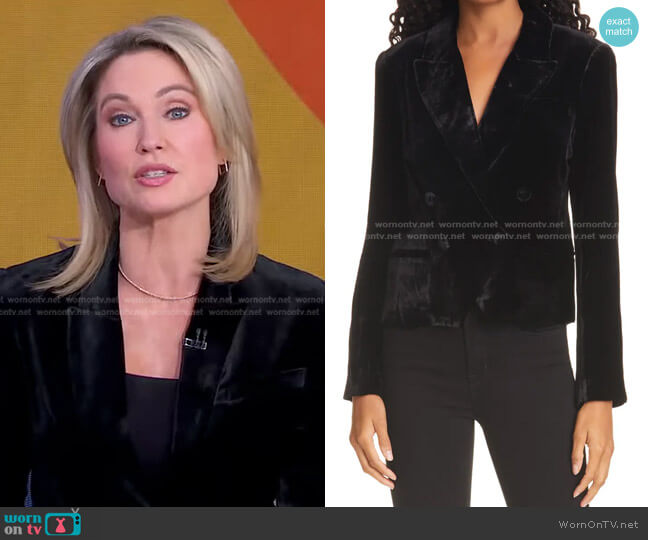 L'Agence Rory Velvet Double Breasted Crop Blazer worn by Amy Robach on Good Morning America