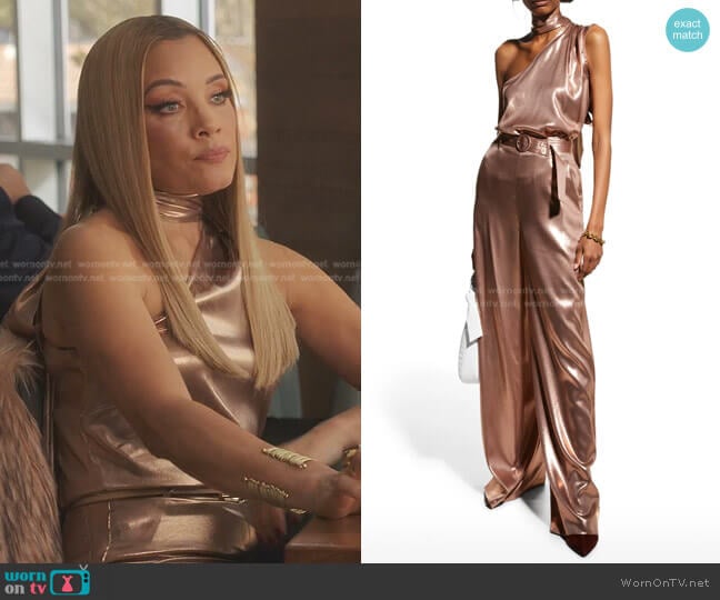 Lapointe Metallic Silk One-Shoulder Tie-Neck Tank worn by Dominique Deveraux (Michael Michele) on Dynasty