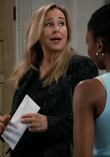 Laura’s black damask print blazer on General Hospital