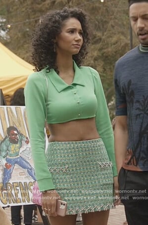 Layla’s green tweed embellished mini skirt on All American