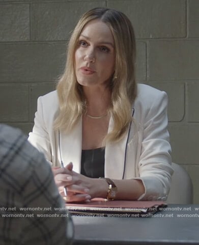 Laura’s white piping trim blazer on All American