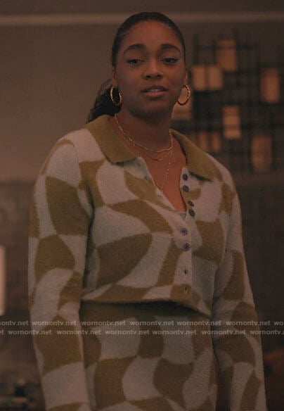 Lisa’s geometric patterned cardigan and skirt set on Bel-Air