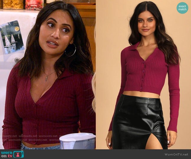 So Iconic Purple Long Sleeve Button-Front Ribbed Knit Top from Lulus worn by Valentina (Francia Raisa) on How I Met Your Father