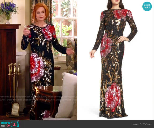 Mac Duggal Drape Back Floral Sequin Gown worn by Sheila (Swoosie Kurtz) on Call Me Kat