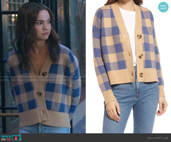 Madewell Bayberry Buffalo Check Cardigan worn by Callie Foster (Maia Mitchell) on Good Trouble