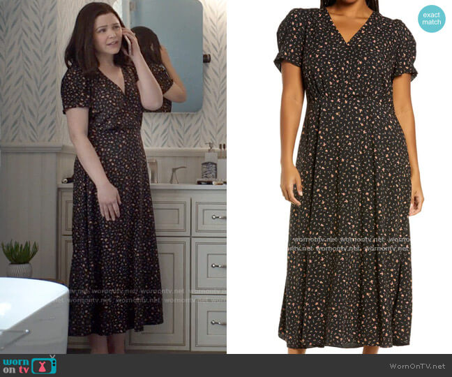 Madewell Stem Scatter Puff Sleeve Faux Wrap Midi Dress worn by Jodie (Ginnifer Goodwin) on Pivoting
