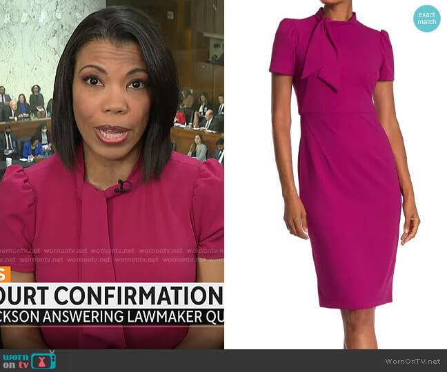 Maggy London Tie Neck Puff Sleeve Scuba Crepe Dress in Orchid worn by Nikole Killion on CBS Mornings