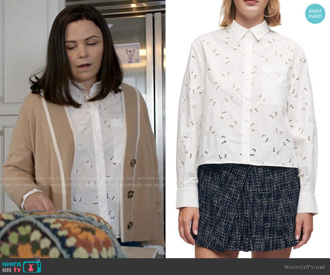 Maje Eyelet Cotton Poplin Shirt worn by Jodie (Ginnifer Goodwin) on Pivoting