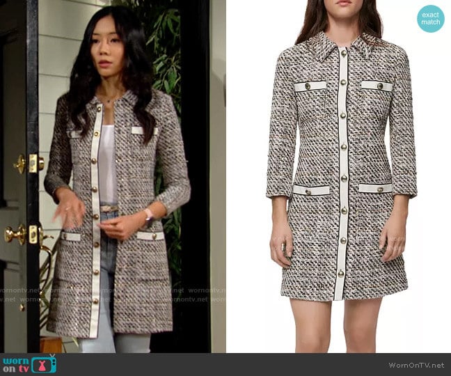 Maje Renatola Tweed Shirt Dress worn by Allie Nguyen (Kelsey Wang) on The Young and the Restless