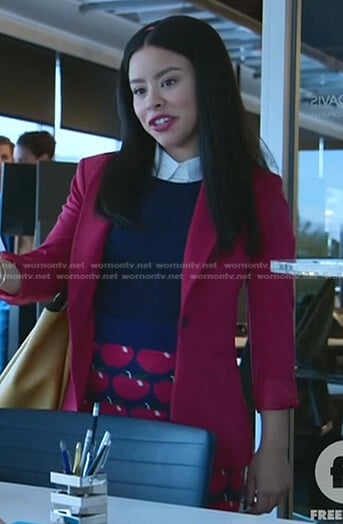 Mariana’s blue apple print skirt on Good Trouble