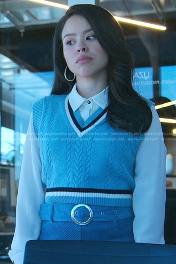 Mariana’s blue cropped vest and belted mini skirt on Good Trouble
