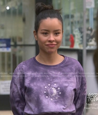 Mariana’s purple tie dye cropped sweatshirt on Good Trouble