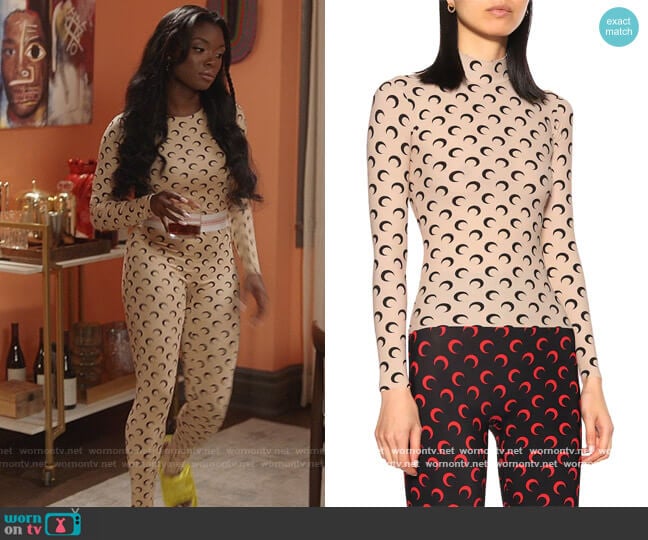 Marine Serre Second Skin crescent moon-print top worn by August King (Ebonee Noel) on The Kings of Napa