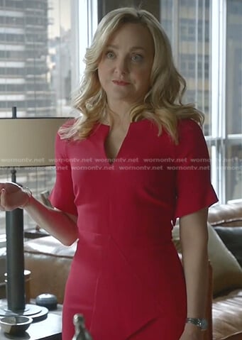Marissa’s red draped v-neck dress on Bull
