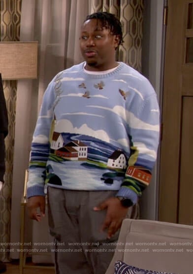 Marty’s scenery print sweater on The Neighborhood