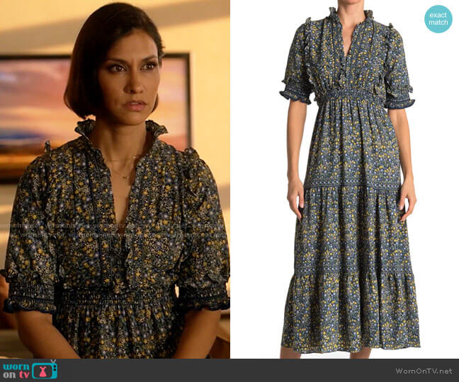 Max Studio Ruffle Collar Print Tiered Maxi Dress in Nvgdflme worn by Ren (Janina Gavankar) on Big Sky