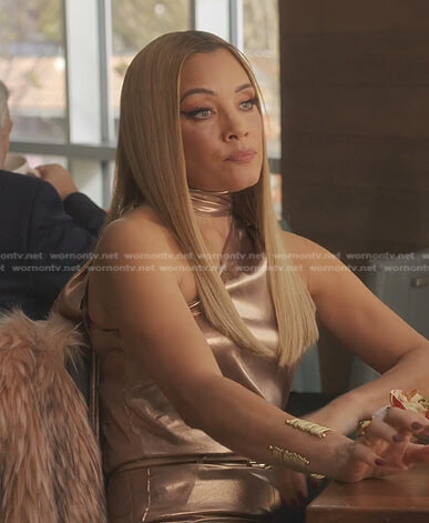 Dominique’s metallic tie neck top and pants on Dynasty