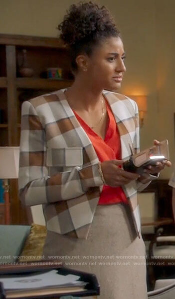 Mikaela’s checked cropped jacket on Mr Mayor
