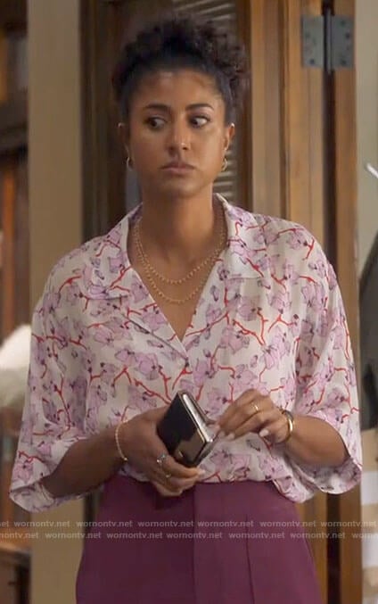 Mikaela’s pink floral button down top on Mr Mayor