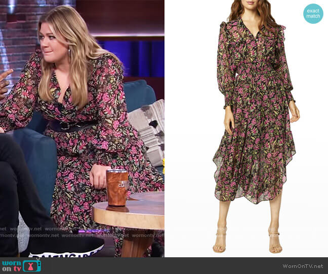 Misa Katja Floral Chiffon Ruffle Flounce Midi Dress worn by Kelly Clarkson on The Kelly Clarkson Show