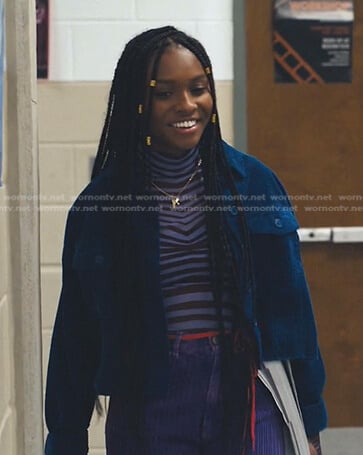 Naomi’s purple striped top and blue corduroy cropped jacket on Naomi