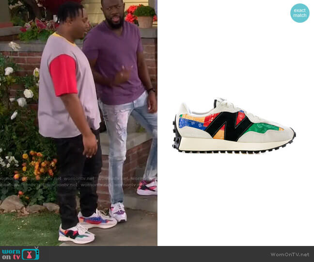 New Balance x Shoe Palace 327 Unity Patchwork Bandana Sneakers worn by Marty (Marcel Spears) on The Neighborhood