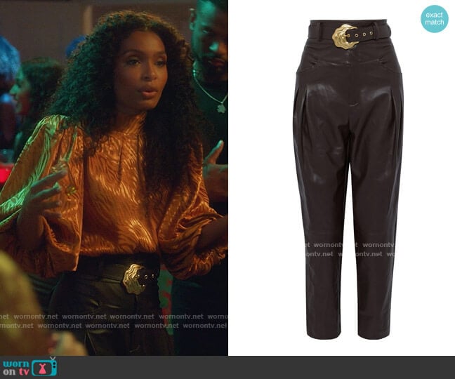 Nicholas Damia belted faux leather tapered pants worn by Zoey Johnson (Yara Shahidi) on Grown-ish