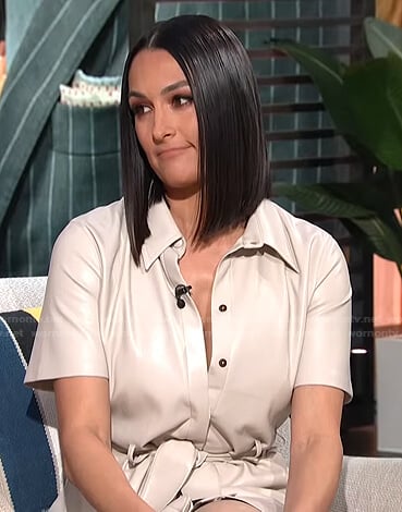 Nikki Bella’s ivory short sleeve leather shirtdress on E! News Daily Pop