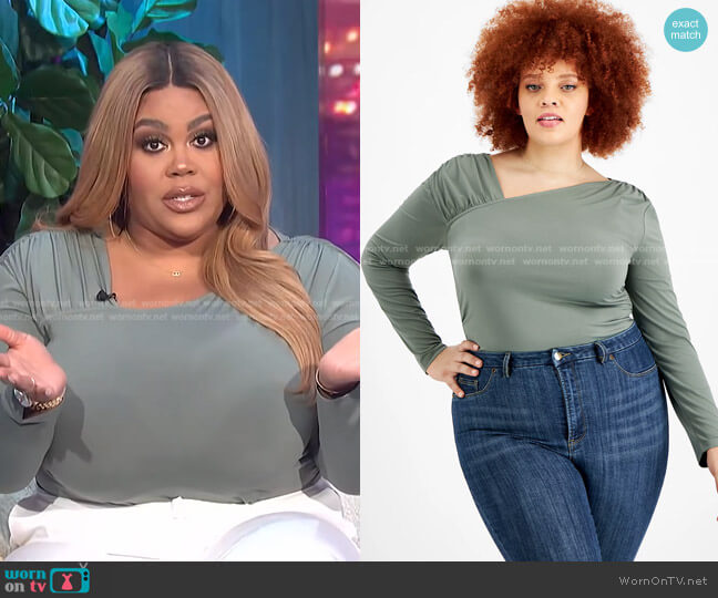 Nina Parker Trendy Plus Size Knit Asymmetrical Bodysuit in Terrain Green worn by Nina Parker on E! News