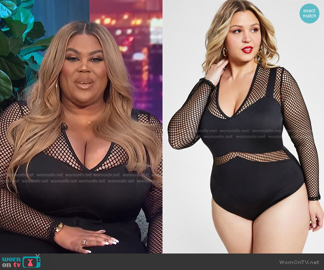 Nina Parker Trendy Plus Size Mesh Panel Bodysuit worn by Nina Parker on E! News