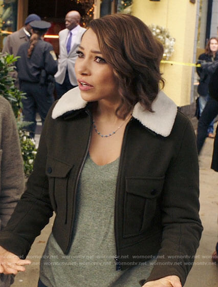 Nora’s green cropped jacket with sherpa collar on The Flash