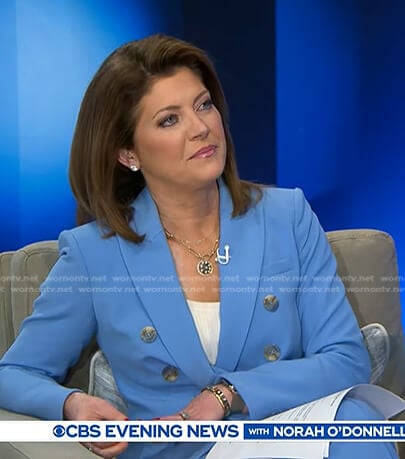 Norah’s blue double breasted blazer and pants on CBS Evening News