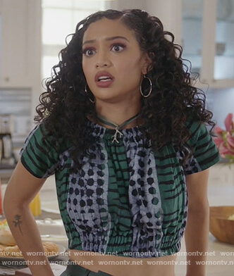 Olivia’s printed off shoulder top on All American