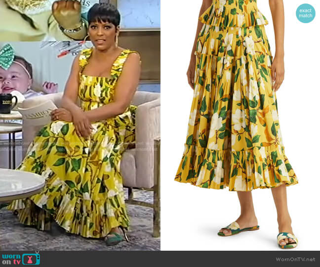 Oscar de la Renta Magnolia Floral Print Tiered Stretch Cotton Midi Skirt worn by Tamron Hall on Tamron Hall Show