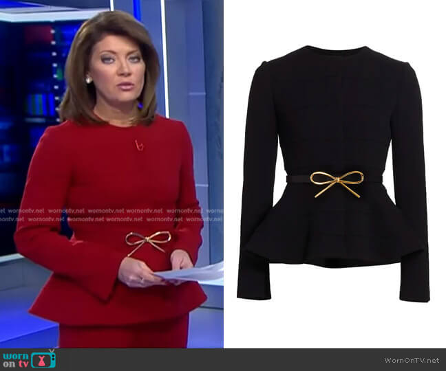 Oscar de la Renta Bow Belt Peplum Jacket worn by Norah O'Donnell on CBS Evening News