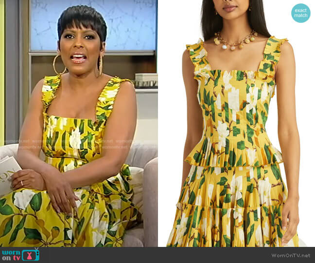 Oscar de la Renta Magnolia Floral Pintuck Pleat Stretch Cotton Top worn by Tamron Hall on Tamron Hall Show