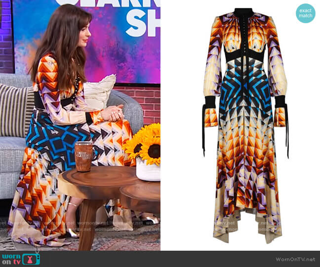 Paco Rabanne Patchwork-Printed Second Skin Jersey Maxi Dress worn by Anne Hathaway on The Kelly Clarkson Show