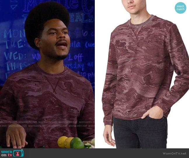 Paige Jaxton Long Sleeve T-Shirt in Red Velvet Marble worn by Carter (Julian Gant) on Call Me Kat